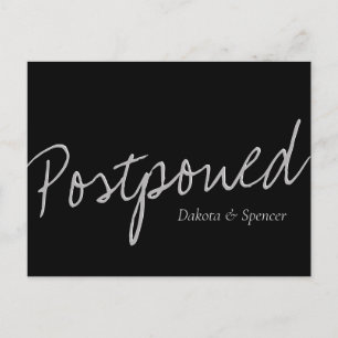 Casual Script   Black Grey Postponed Wedding Postcard