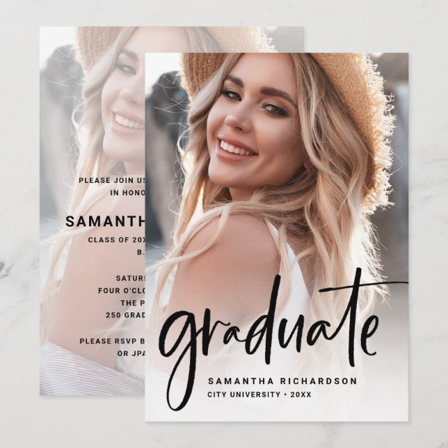 Casual Script Black | Two Photo Graduation Party Invitation (Front/Back)