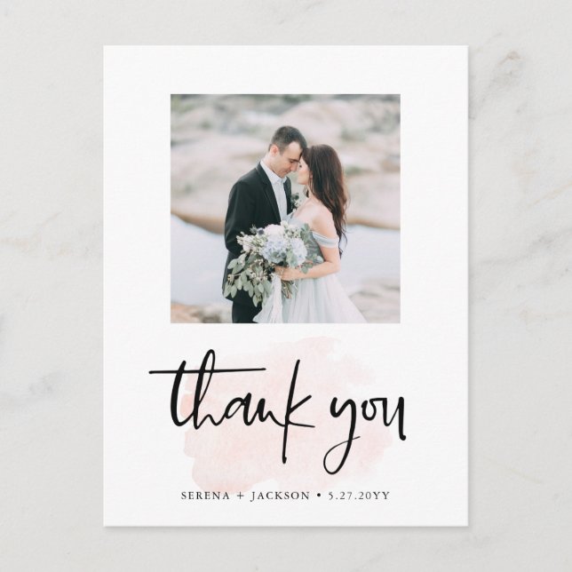 Casual Script | Blush Minimalist Photo Thank You Postcard (Front)