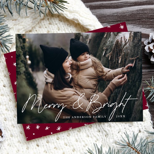 Casual Script Burgundy Merry and Bright Photo Holiday Card (Creator Uploaded)