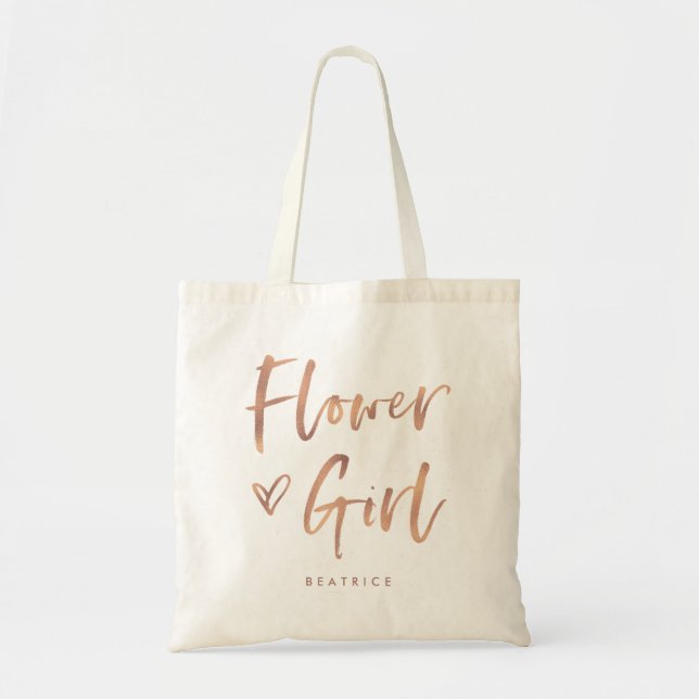 Casual Script | Chic Rose Gold Flower Girl Gift Tote Bag (Front)