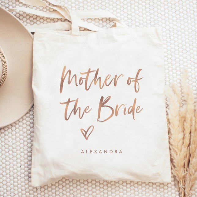 Casual Script | Chic Rose Gold Mother of the Bride Tote Bag (A modern faux rose gold look tote bag with casual script that says "mother of the bride" and a heart)