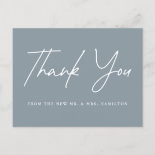 Casual Script Dusty Blue Wedding Thank You Postcard