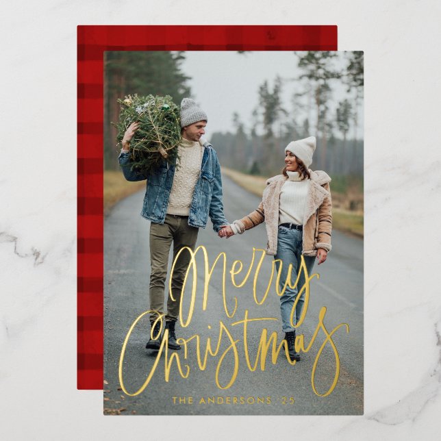 Casual Script Merry Christmas Photo Gold Foil Holiday Card (Front/Back)