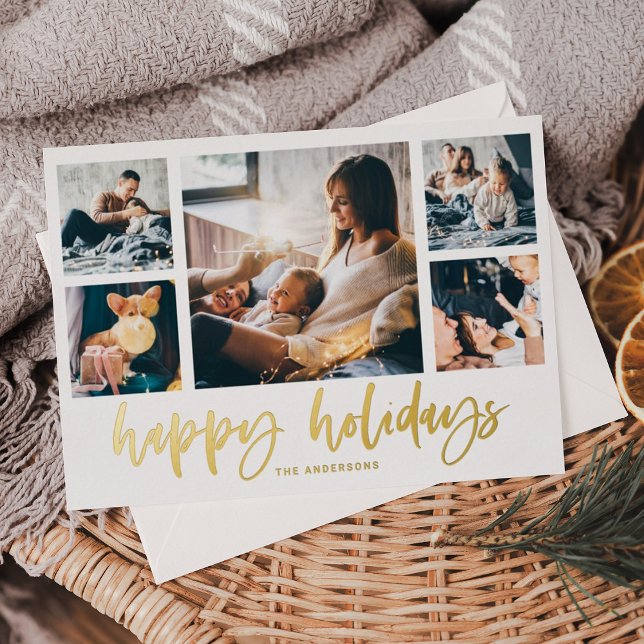 Casual Script Multi Photo Grid | Happy Holidays Foil Holiday Card (Creator Uploaded)