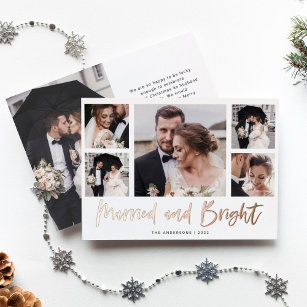 Casual Script Multi Photo Grid Married and Bright Foil Holiday Card