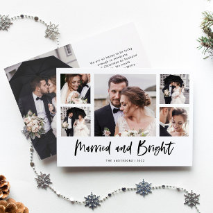 Casual Script Multi Photo Grid Married and Bright Holiday Card