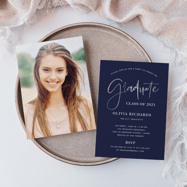 Casual Script Navy Blue and Silver | Grad Party Invitation (Creator Uploaded)