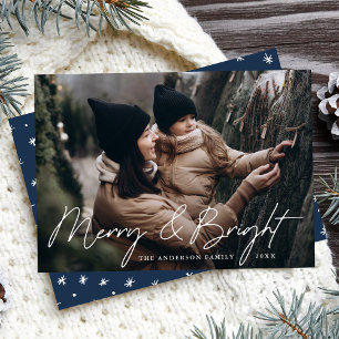 Casual Script Navy Merry and Bright Photo Holiday Card