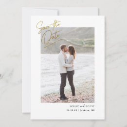 Casual Script Photo Save the Date Faux Gold Foil