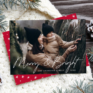 Casual Script Red Merry and Bright Photo Holiday Card