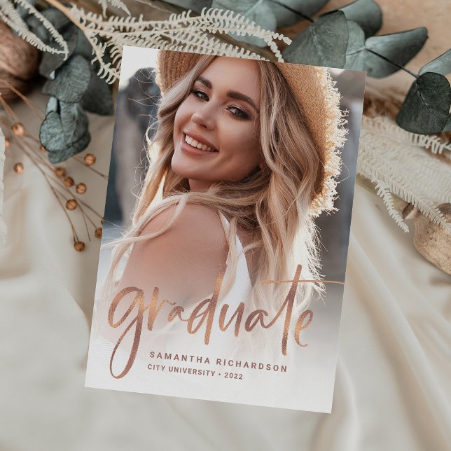 Casual Script Rose Gold Two Photo Graduation Party Invitation (Creator Uploaded)