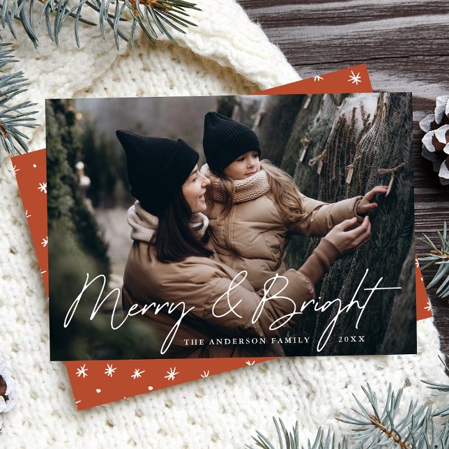 Casual Script Rust Orange Merry and Bright Photo Holiday Card (Creator Uploaded)