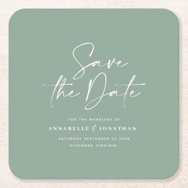 Casual script sage green typography wedding save t square paper coaster (Front)