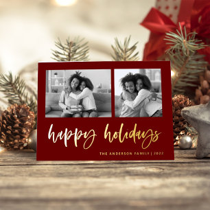 Casual Script Two Photo Grid Happy Holidays Foil Holiday Card