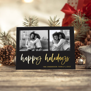 Casual Script Two Photo Grid   Happy Holidays Foil Holiday Card