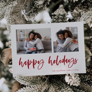 Casual Script Two Photo Grid Happy Holidays Holiday Card