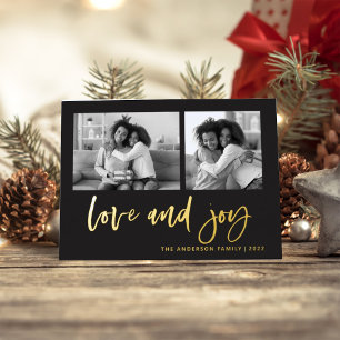Casual Script Two Photo Grid   Love and Joy Foil Holiday Card
