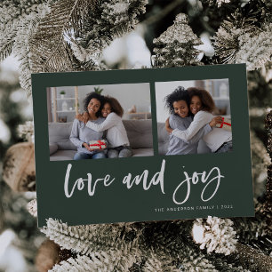 Casual Script Two Photo Grid   Love and Joy Holiday Card