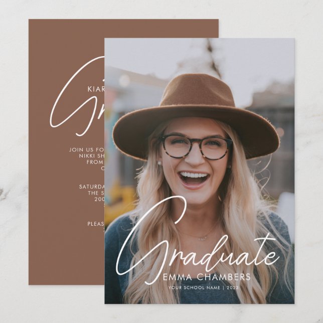 Casual Script White | Photo Graduation Party Invitation (Front/Back)