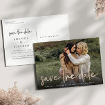 Casual Sketch Gold | Photo Wedding Save the Date Announcement Postcard<br><div class="desc">A modern save the date postcard designed to accommodate your favorite horizontal or landscape oriented full-bleed engagement photo. "Save the date" appears as a faux gold foil text overlay in casual handwritten lettering. Personalize with your names, wedding date and wedding location beneath in white lettering. Postcards reverse to show additional...</div>