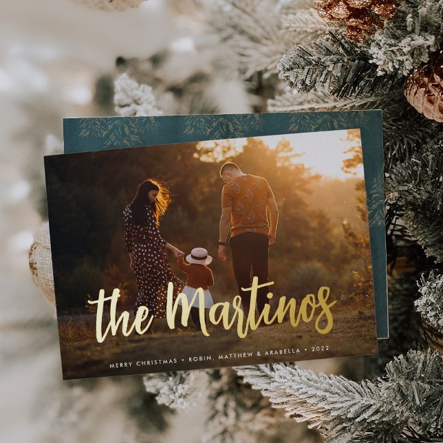 Casual Sketched Signature | Horizontal Photo Foil Holiday Card (Creator Uploaded)