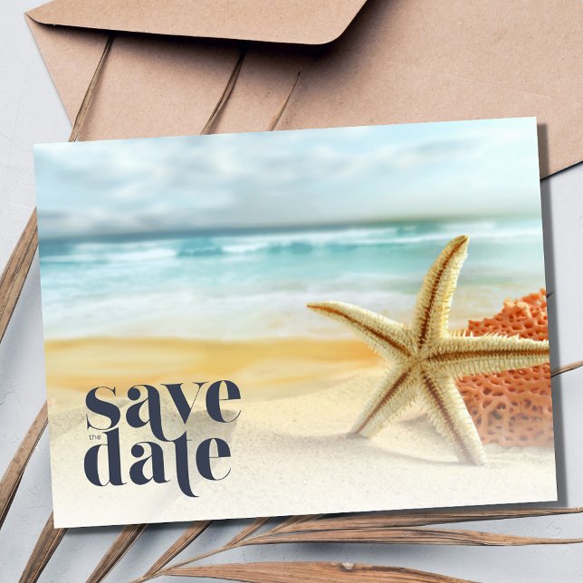 Casual Starfish Beach Wedding Save the Date Announcement Postcard (Casual Starfish Beach Wedding Save the Date Postcard)
