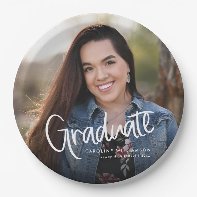 Casual Trendy Script Graduation Photo Paper Plate (Front)