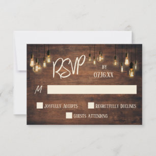 Casual Typography, Rich Brown Wood, Edison Lights RSVP Card
