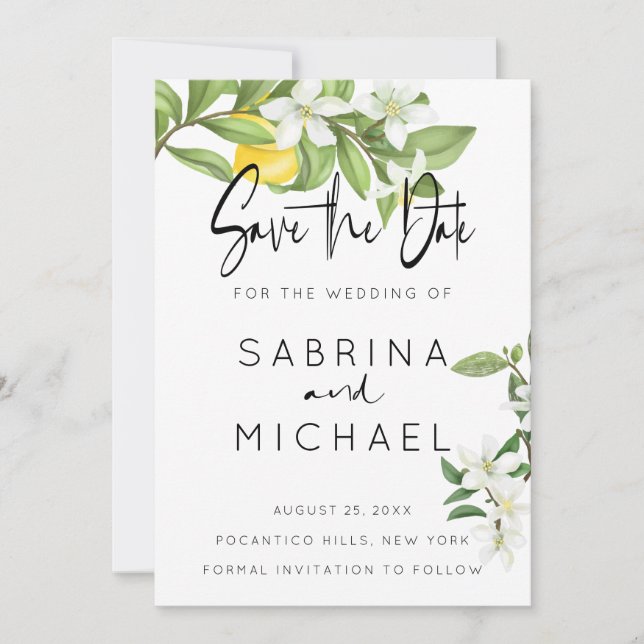 Casual Watercolor Lemon Blossom Save the Date (Front)