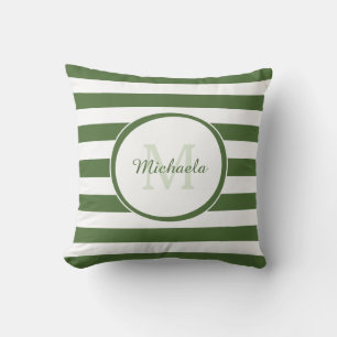 Casual Wide Stripes With Monogrammed Name in Green Throw Pillow