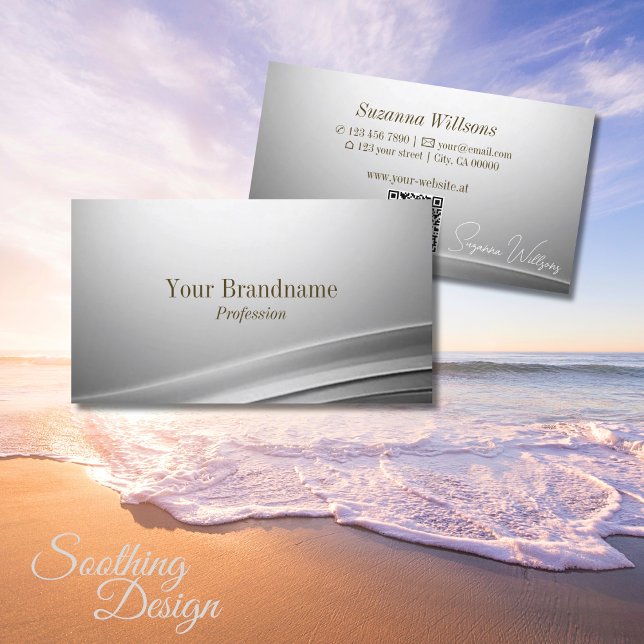 Casually Silver Curved Decor with QR Code Modish Business Card (Creator Uploaded)