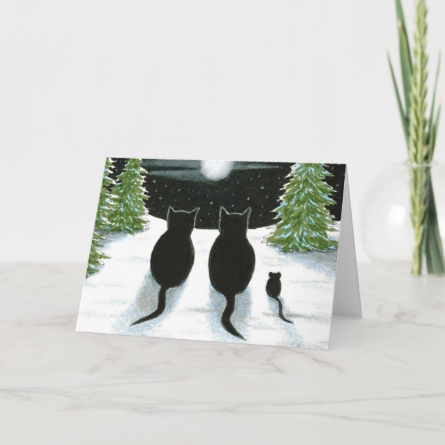 Cat 429 with mouse watching the moon Greeting Card (Front)