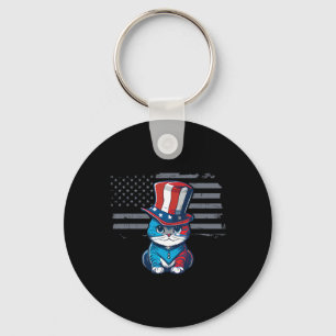 Cat 4th Of July Tee Us Flag Patriotic American  Keychain