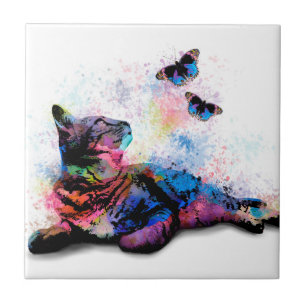 Cat 614 blue pink butterfly 6x6 tile