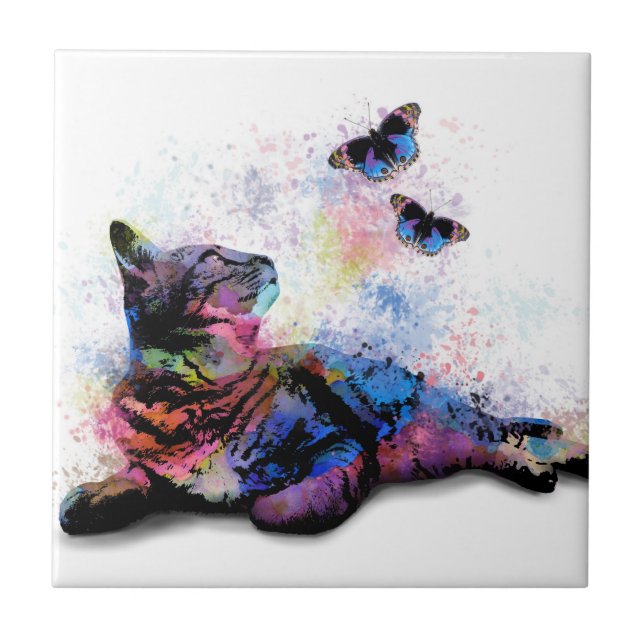 Cat 614 blue pink butterfly 6x6 tile (Front)