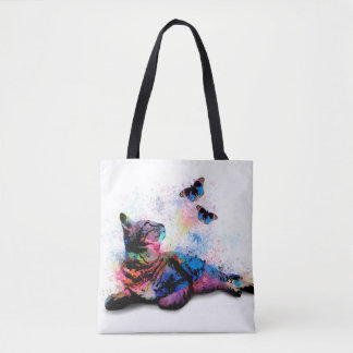 Cat 614 blue pink butterfly tote bag