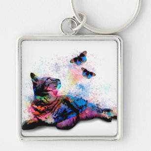 Cat 614 pink blue butterfly keychain