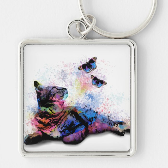 Cat 614 pink blue butterfly keychain (Front)