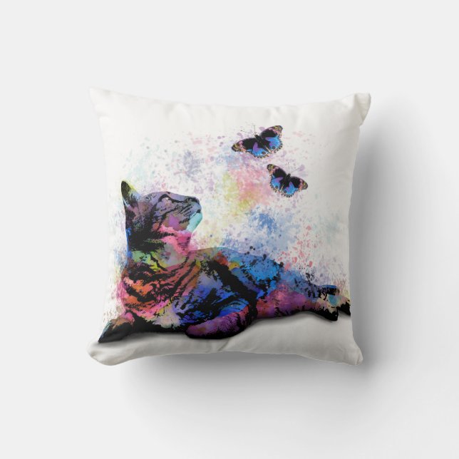 Cat 614 pink blue butterfly throw pillow (Front)