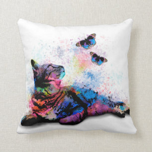 Cat 614 pink blue butterfly throw pillow