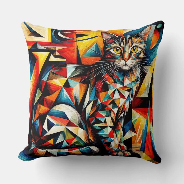 Cat Abstract Cubist Painting Throw Pillow (Front)