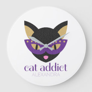 Cat Addict Cute Black Purple Gold Customized Name Large Clock
