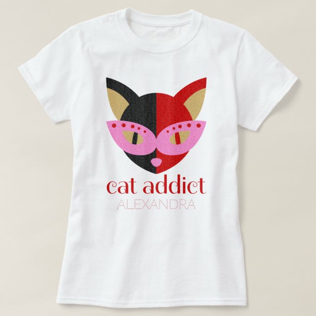Cat Addict Cute Black Red Pink Name Customized T-Shirt (Design Front)