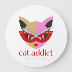Cat Addict Cute Red Pink Gold Name Personalized Large Clock