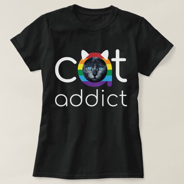 Cat Addict White Rainbow Blue Eyes Design T-Shirt (Design Front)