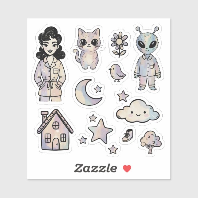 Cat Alien Pinup Girl Cool Illustration Sticker Set (Sheet)