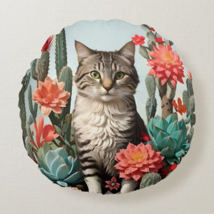 Cat Among the Cactuses Cat Lovers Round Pillow