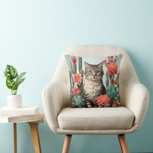 Cat Among the Cactuses Cat Lovers Throw Pillow