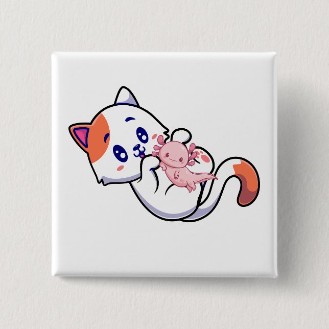 Cat and Axolotl Kawaii Neko Anime Square Button (Front)